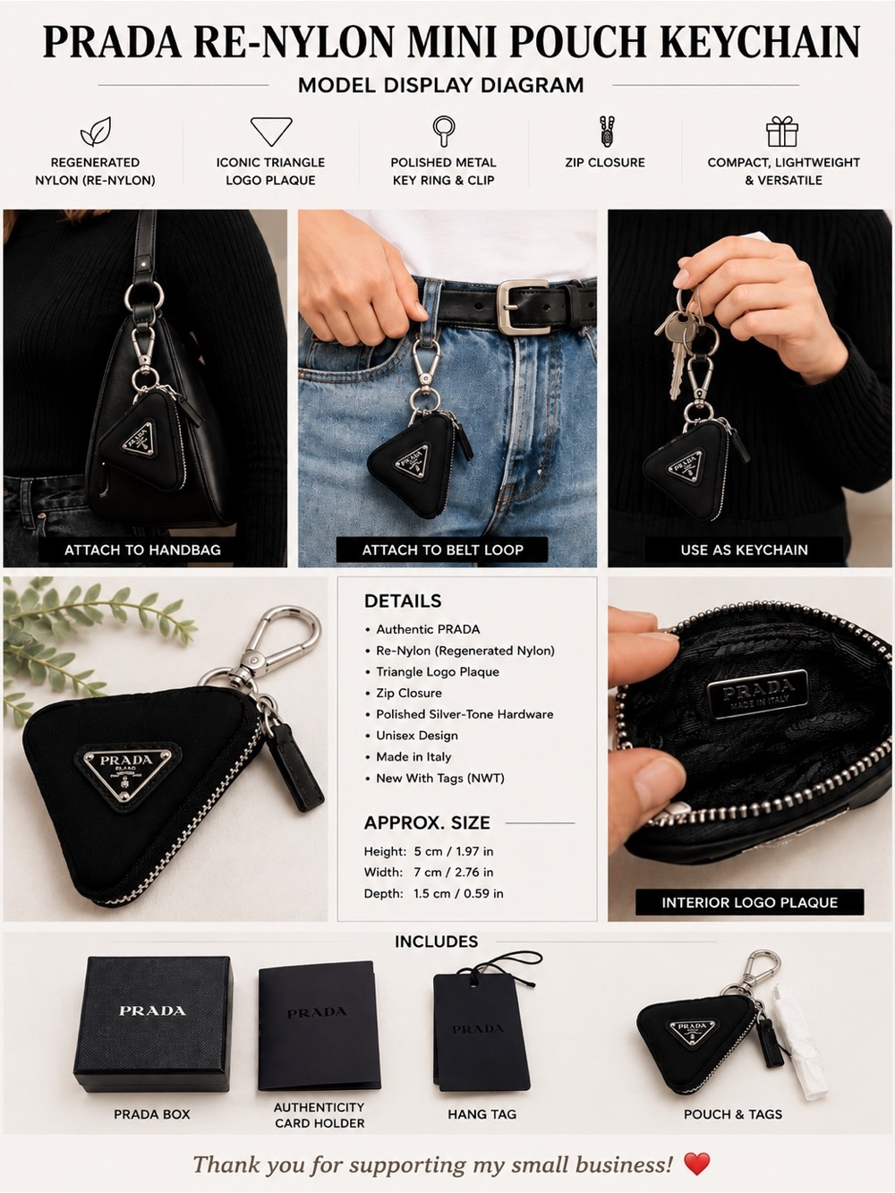 Prada Re-Nylon Triangle Mini Pouch Keychain Black NWT Authentic Unisex